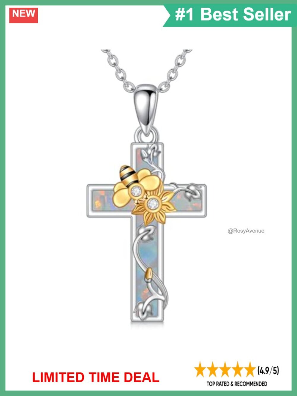 Sterling Silver Bee Opal Cross Necklace 18 Inch Adjustable Christian